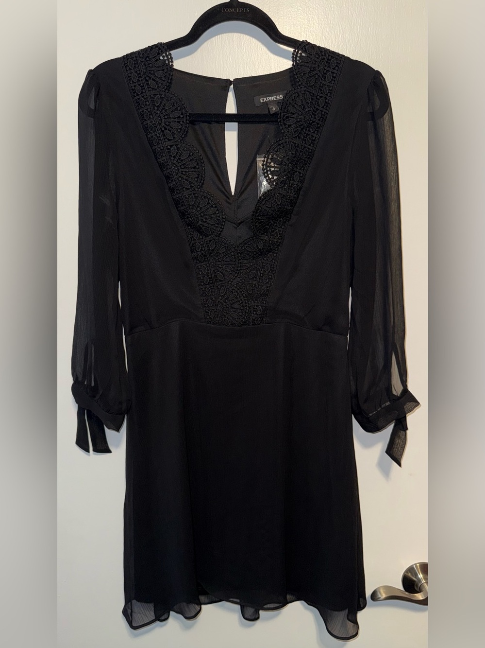 Express Black Lace-Trim V-Neck Midi Dress with Sheer Tie Sleeves